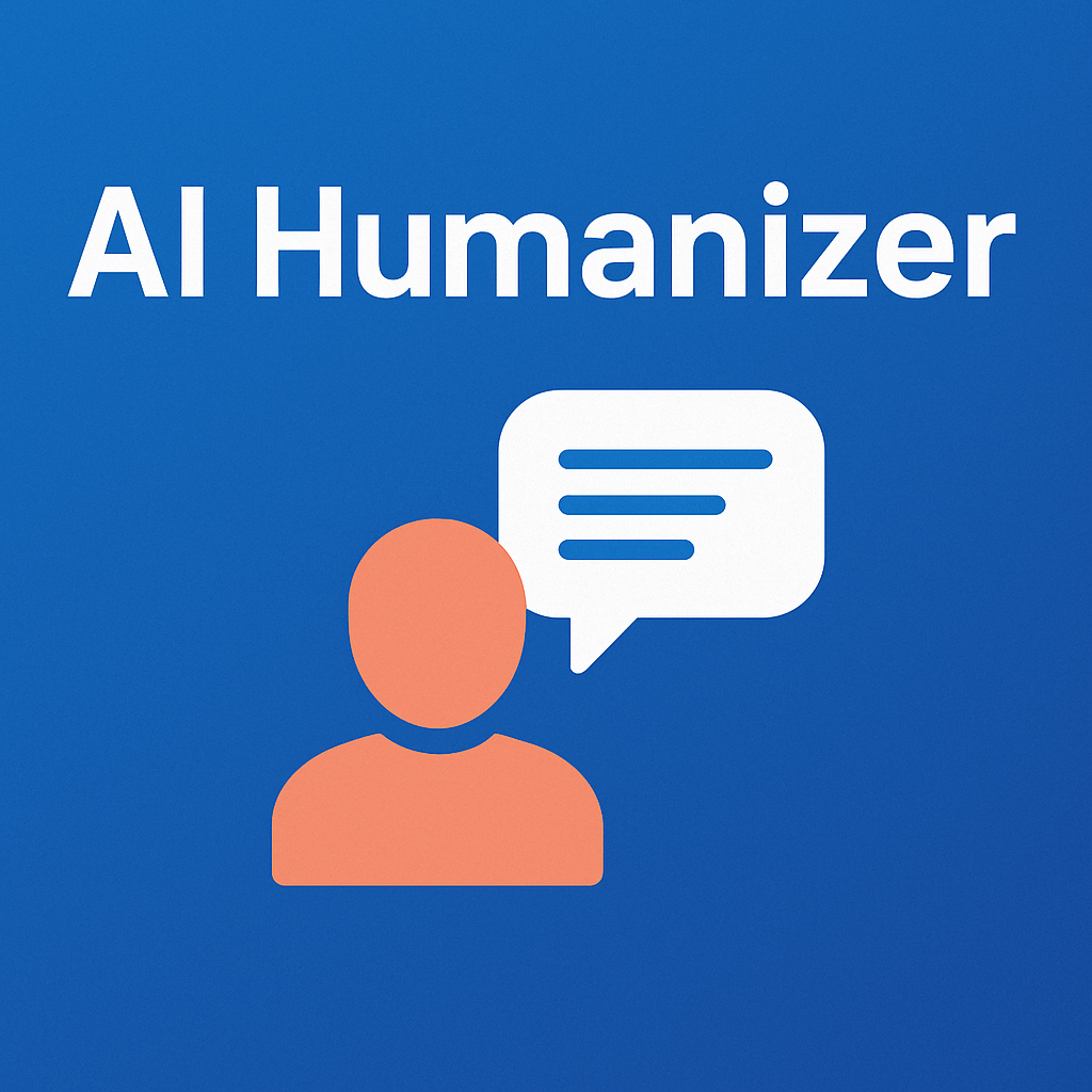 AI Humanizer graphic with a human figure and speech bubble on a blue background
