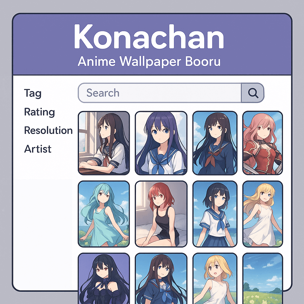 “Illustration representing Konachan, a booru-style anime wallpaper platform, showcasing anime art thumbnails and mobile interface elements.”