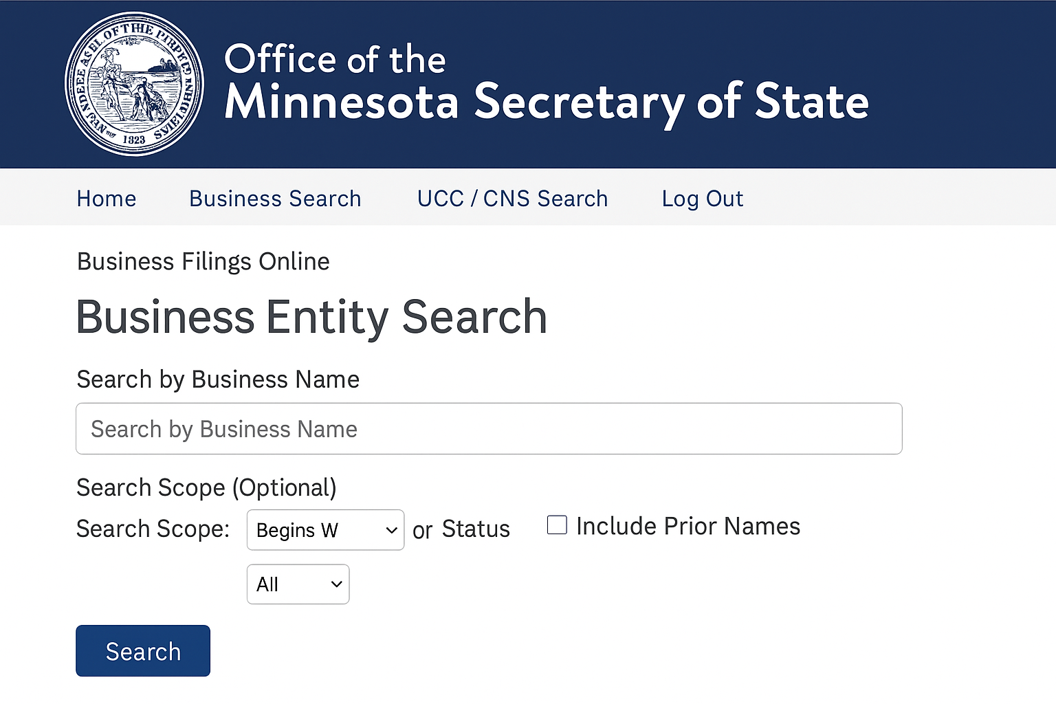 Minnesota Secretary of State Business Entity Search Interface Screenshot of the Minnesota Secretary of State’s Business Entity Search page showing search input fields and options