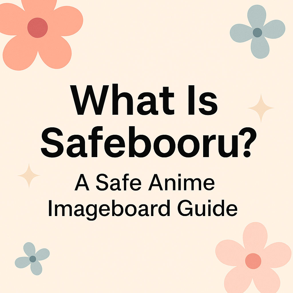 "What Is Safebooru? A Safe Anime Imageboard Guide in bold text on a pastel floral background"