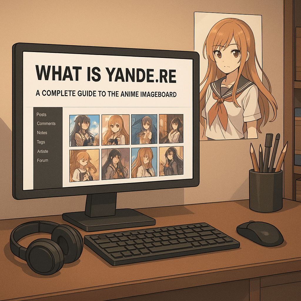 Yande.re Imageboard Interface – Anime Art Collectors’ Hub Anime-themed workspace with Yande.re homepage on a computer screen