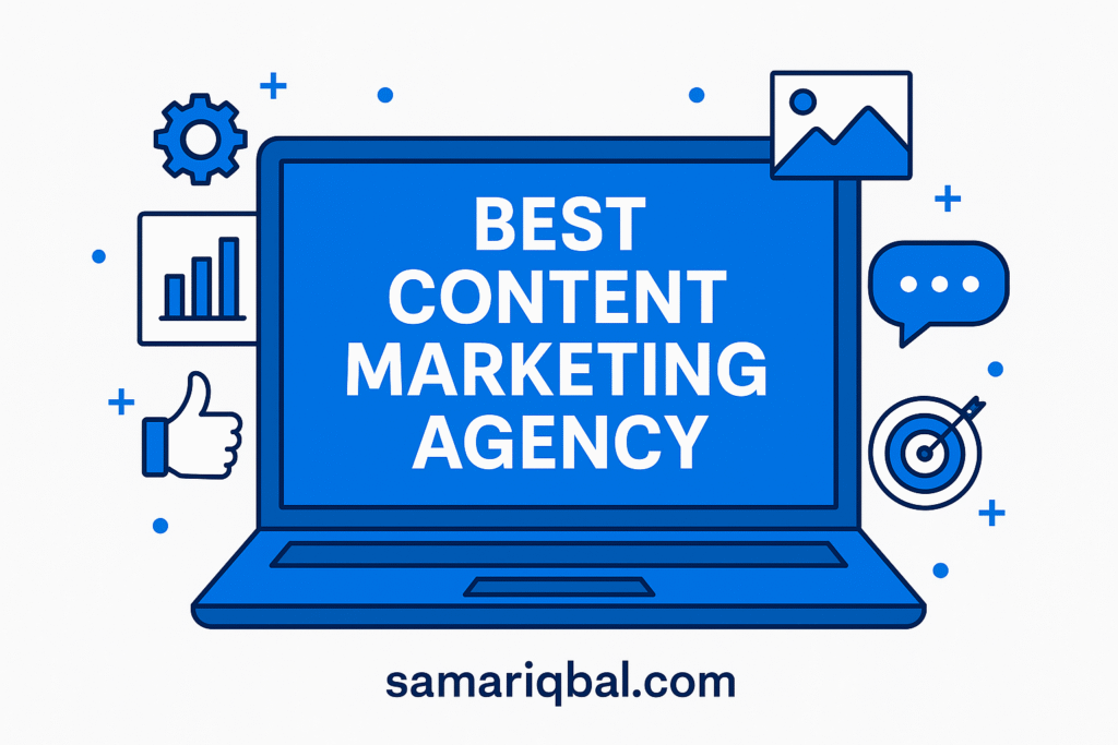 Illustration of a laptop screen with "Best Content Marketing Agency" text and digital marketing icons in blue theme