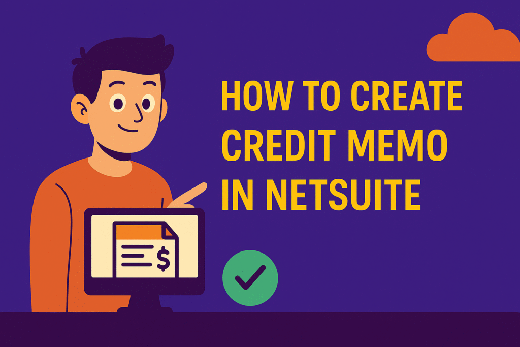 Animated character explaining how to create a credit memo in NetSuite on a purple and orange themed background