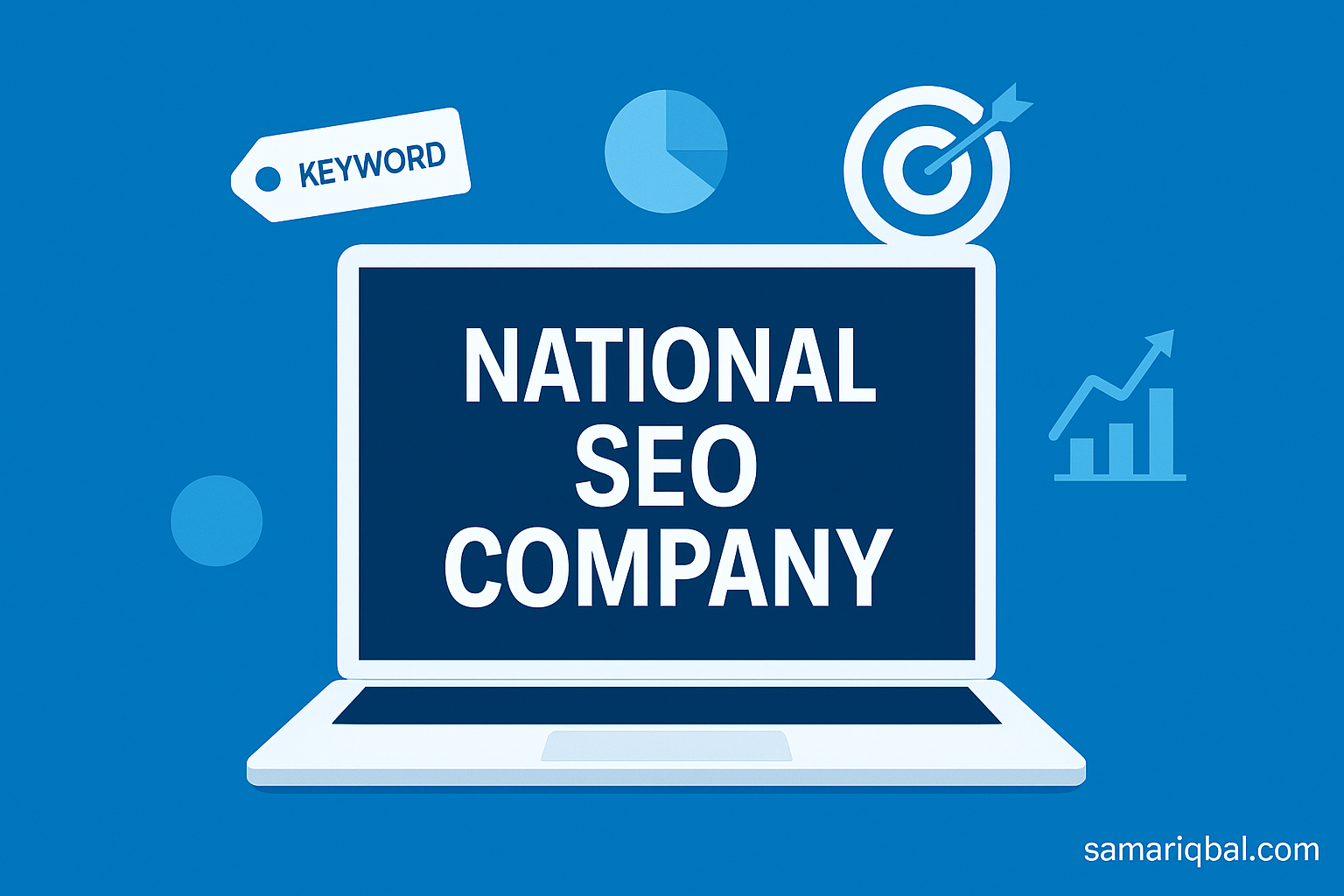Professional illustration showing a laptop with "National SEO Company" on screen and SEO icons