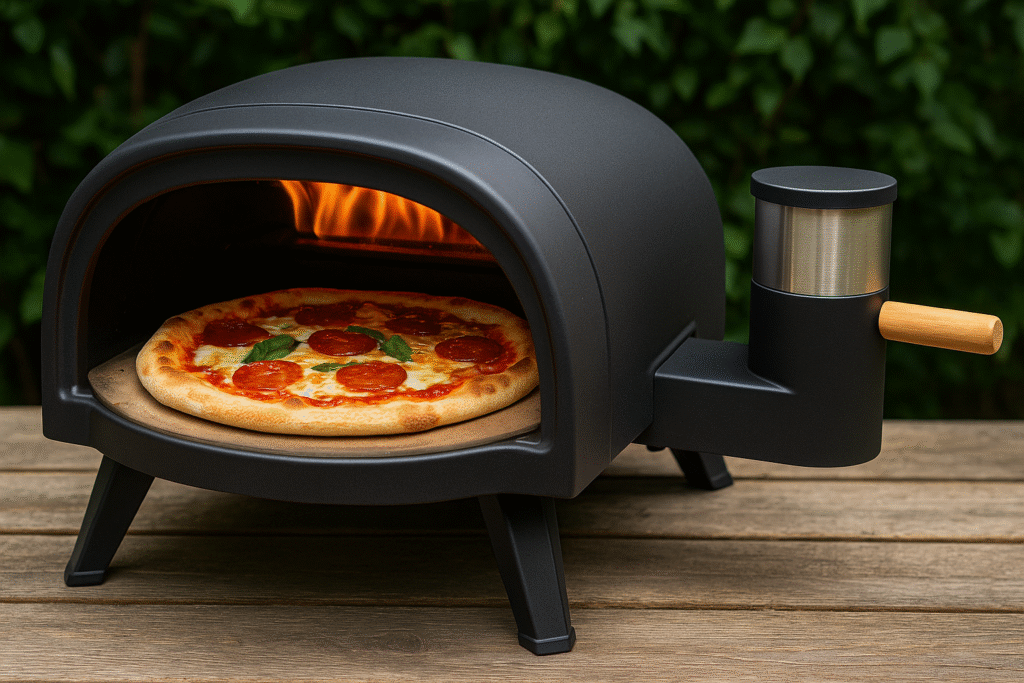 Pellet pizza oven baking a pepperoni pizza on a wooden table with greenery in the background