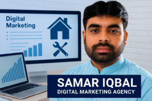 Samar Iqbal, founder of Samar Iqbal Digital Marketing Agency, in front of digital marketing screen for home improvement business