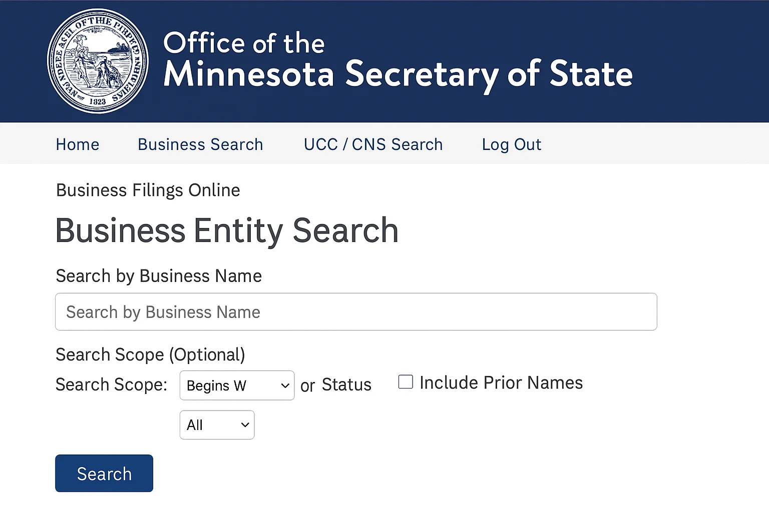 Screenshot of the Minnesota Secretary of State’s Business Entity Search page showing search input fields and options