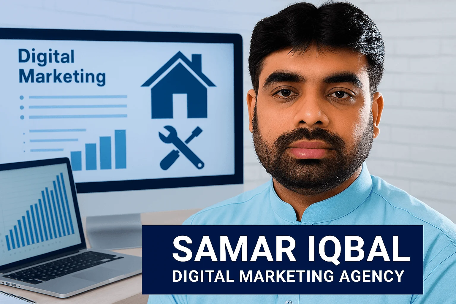 Samar Iqbal from Samar Iqbal Digital Marketing Agency, a leading home improvement marketing agency, standing confidently beside digital charts representing online growth strategies.