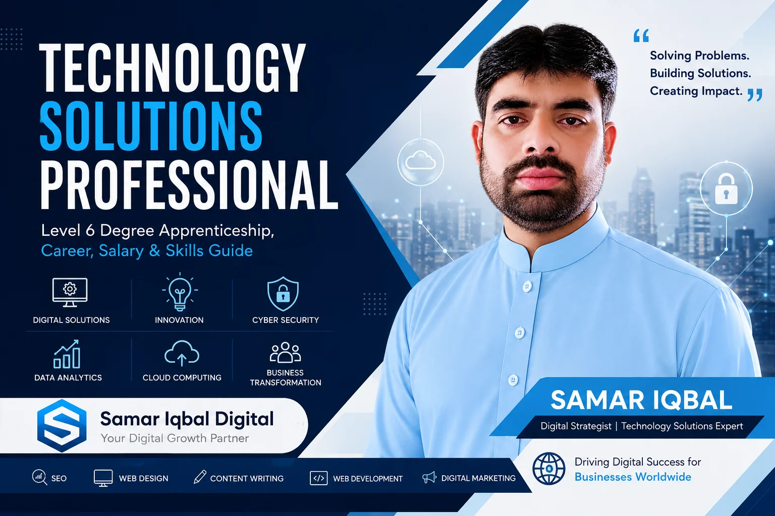 Technology Solutions Professional: Level 6 Degree Apprenticeship, Career, Salary, and Skills Guide 1 Technology Solutions Professional Level 6 degree apprenticeship and digital technology solutions guide featuring Samar Iqbal